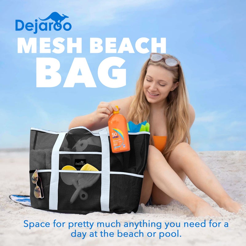 Dejaroo - Sand Free Mesh Bag - Strong Lightweight Tote For Beach & Vacation Essentials. Tons of Storage with 8 Pockets, Foldable, 17x9x15 inches, Black with White Straps - Image 2